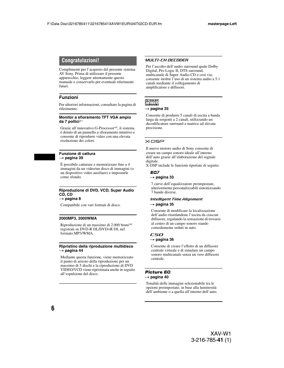 Congratulazioni, Funzioni | Sony XAV-W1 User Manual | Page 210 / 344