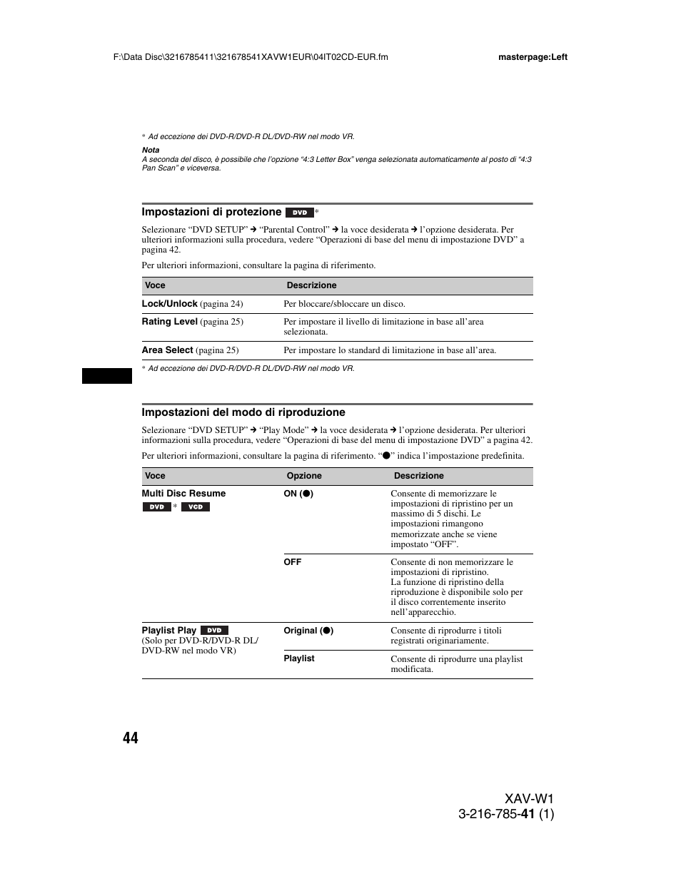Impostazioni di protezione, Impostazioni del modo di riproduzione | Sony XAV-W1 User Manual | Page 248 / 344