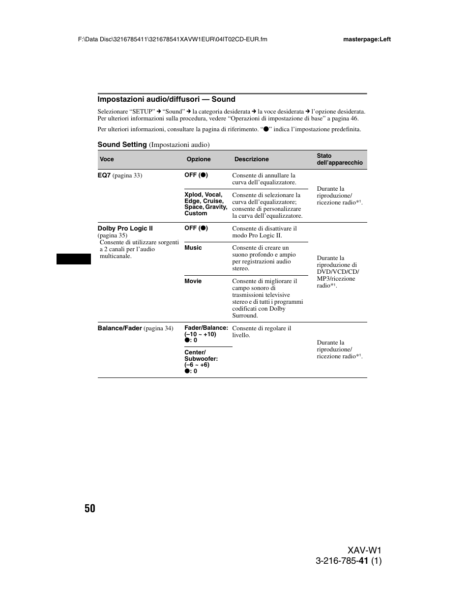 Impostazioni audio/diffusori - sound, Impostazioni audio/diffusori — sound | Sony XAV-W1 User Manual | Page 254 / 344