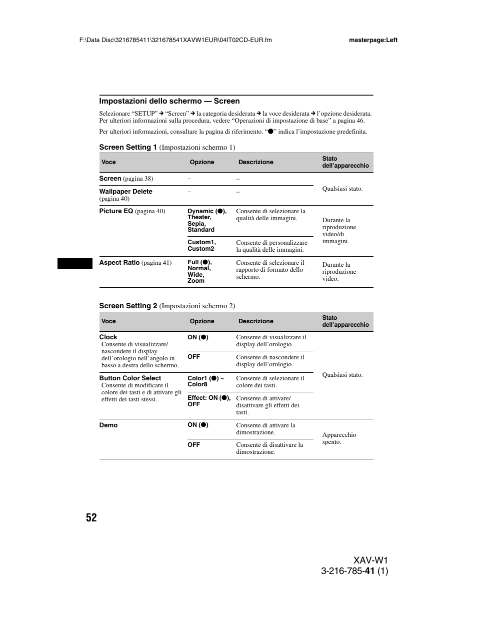 Impostazioni dello schermo - screen, Impostazioni dello schermo — screen | Sony XAV-W1 User Manual | Page 256 / 344