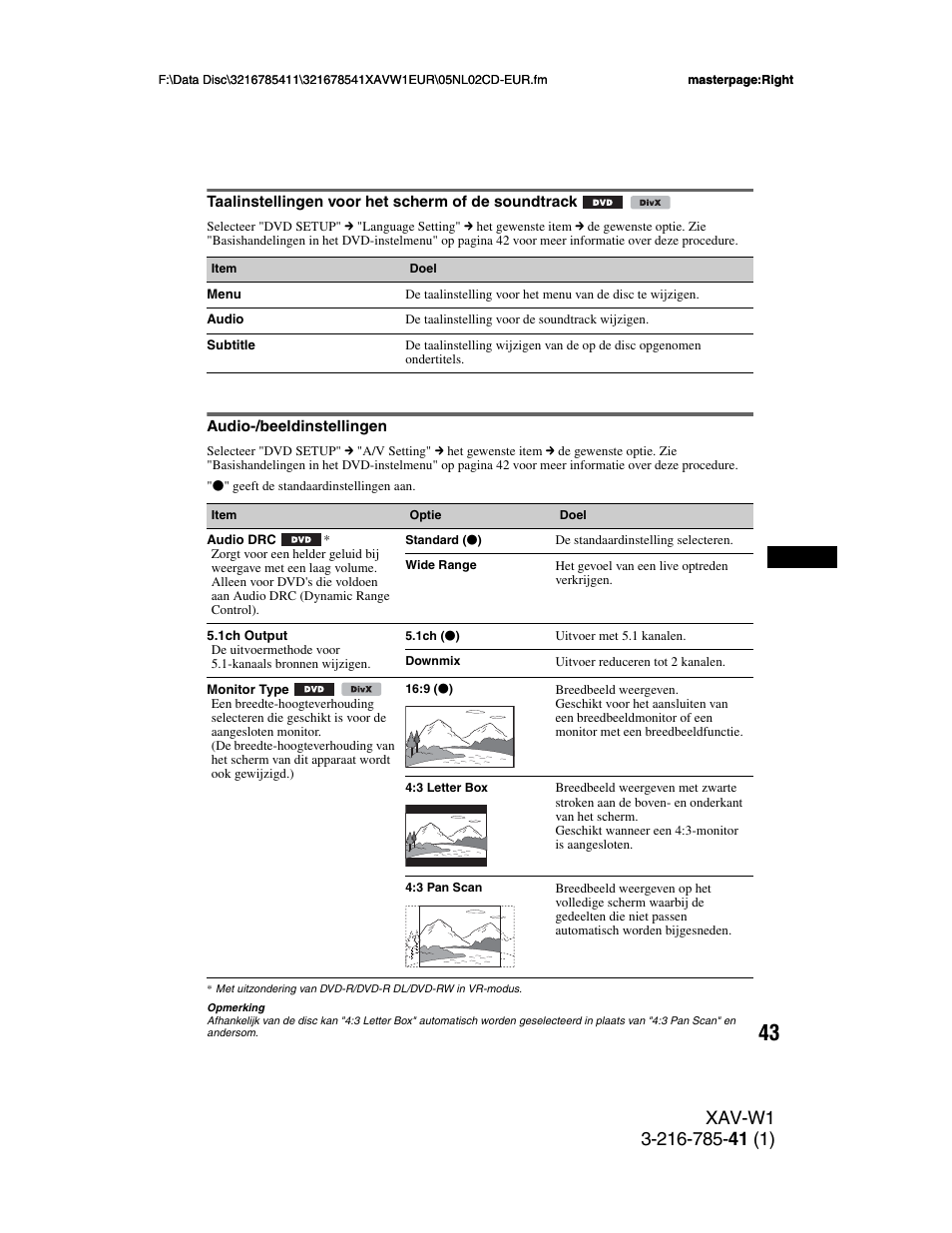 Taalinstellingen voor het scherm of de soundtrack, Audio-/beeldinstellingen | Sony XAV-W1 User Manual | Page 317 / 344