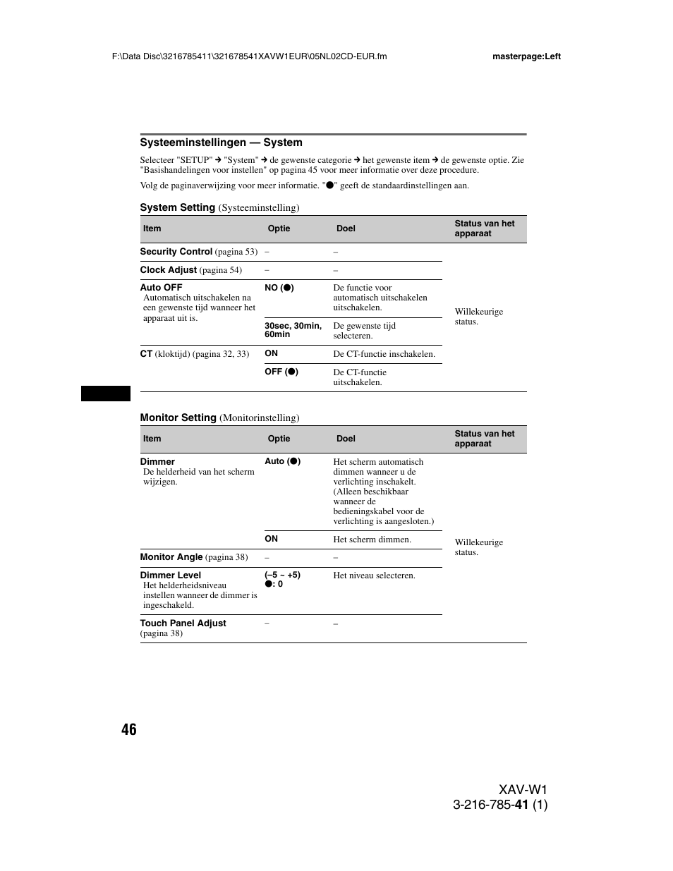 Systeeminstellingen - system, Systeeminstellingen — system | Sony XAV-W1 User Manual | Page 320 / 344