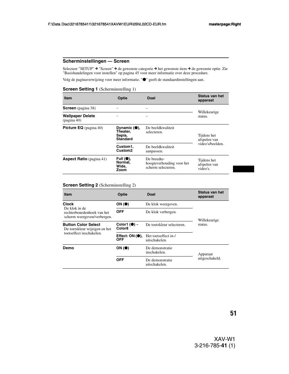 Scherminstellingen - screen, Scherminstellingen — screen | Sony XAV-W1 User Manual | Page 325 / 344