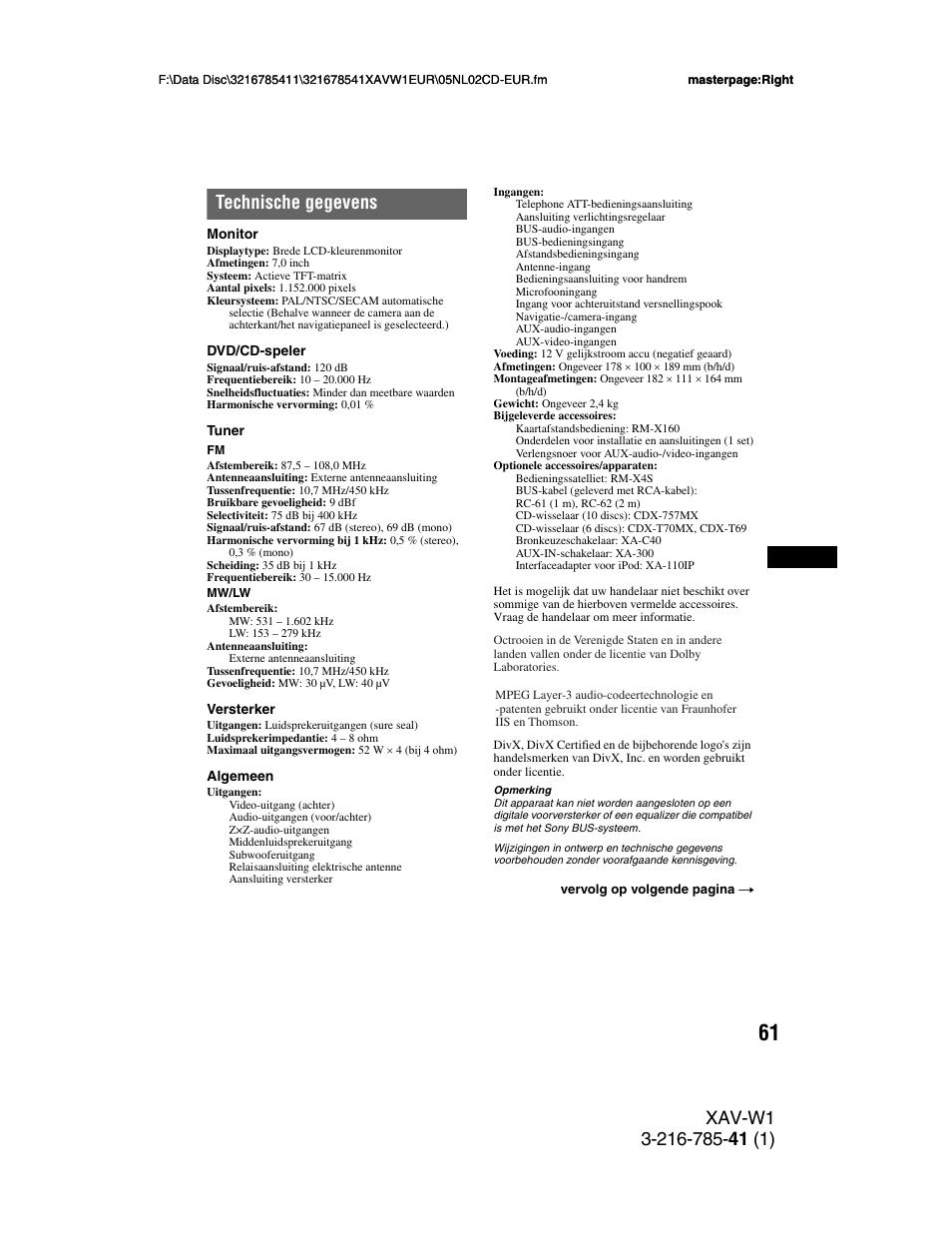 Technische gegevens | Sony XAV-W1 User Manual | Page 335 / 344