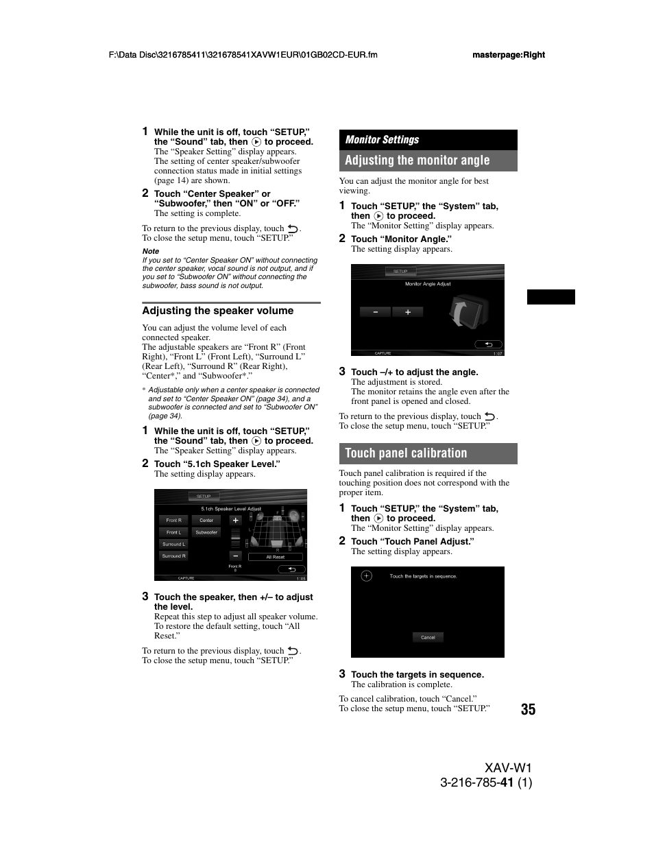 Adjusting the speaker volume, Monitor settings, Adjusting the monitor angle | Touch panel calibration | Sony XAV-W1 User Manual | Page 35 / 344