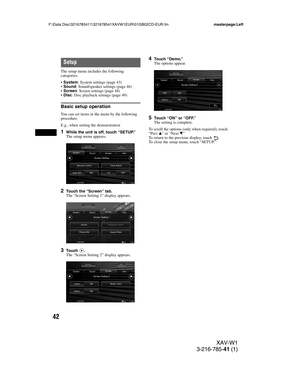 Setup, Basic setup operation | Sony XAV-W1 User Manual | Page 42 / 344