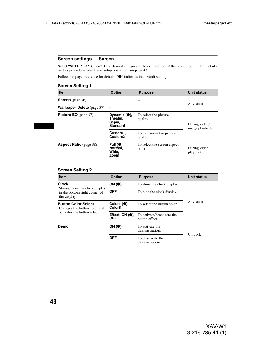 Screen settings - screen, Screen settings — screen | Sony XAV-W1 User Manual | Page 48 / 344