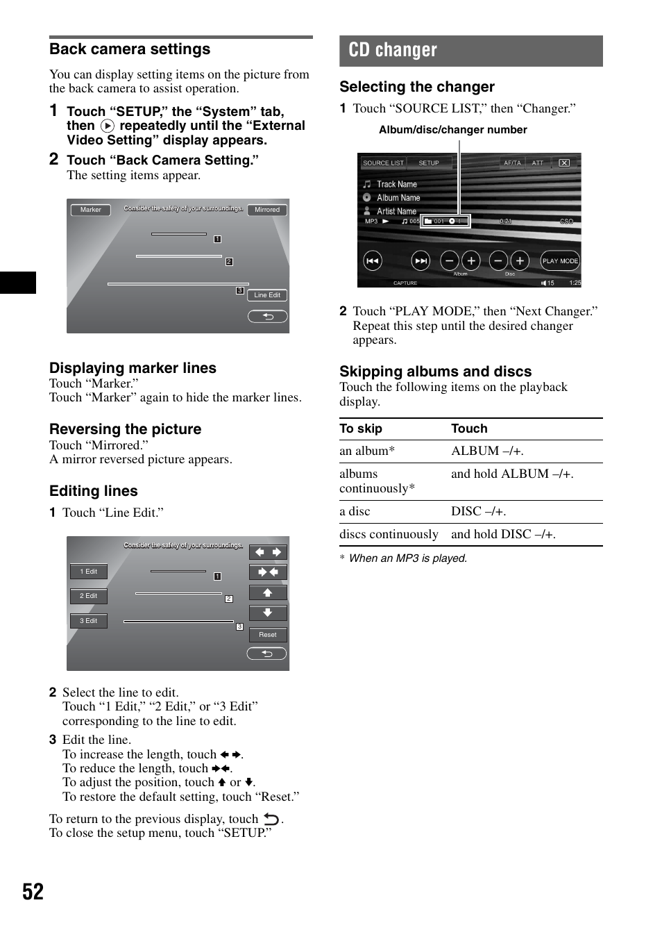 Back camera settings, Cd changer | Sony XAV-W1 User Manual | Page 52 / 344