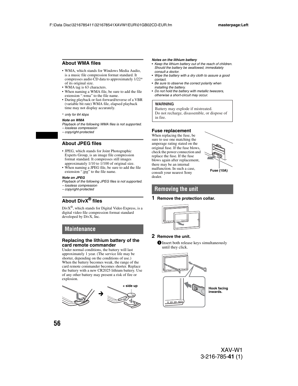 About wma files, About jpeg files, About divx® files | Maintenance, Removing the unit, About wma files about jpeg files about divx, Files | Sony XAV-W1 User Manual | Page 56 / 344