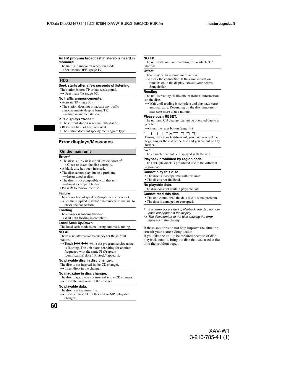 Error displays/messages | Sony XAV-W1 User Manual | Page 60 / 344