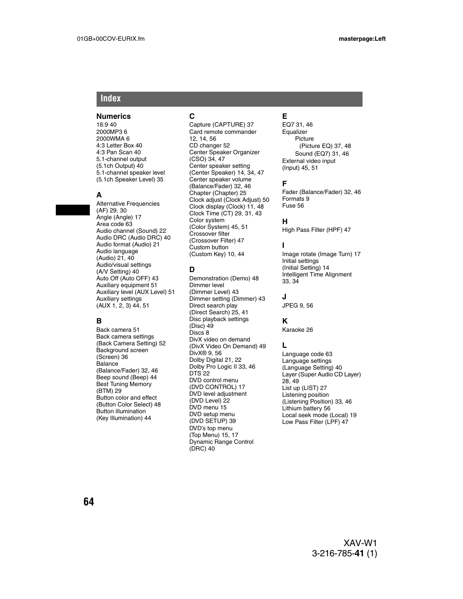 Index | Sony XAV-W1 User Manual | Page 64 / 344