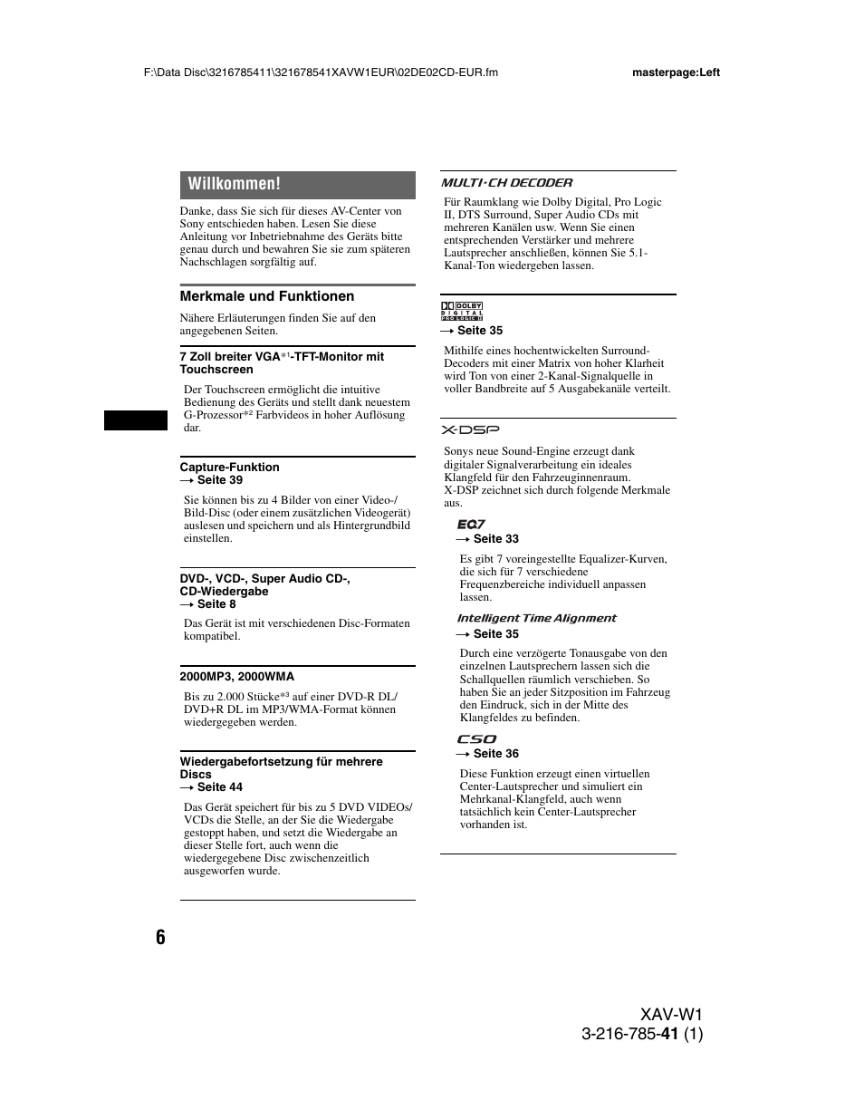 Willkommen, Merkmale und funktionen | Sony XAV-W1 User Manual | Page 70 / 344