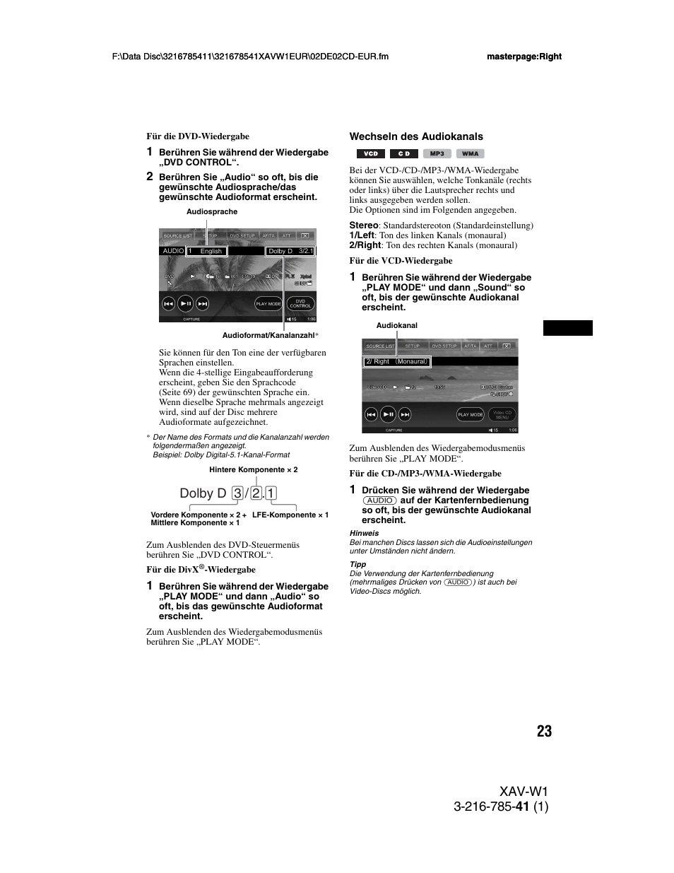 Gabe) (seite 23), E) (seite 23), Dolby d 3 / 2 | Sony XAV-W1 User Manual | Page 87 / 344