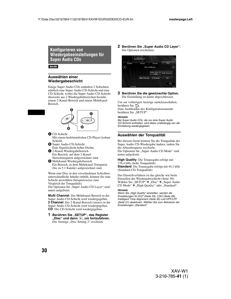 Auswählen einer wiedergabeschicht, Auswählen der tonqualität, Seite 30 | Sony XAV-W1 User Manual | Page 94 / 344
