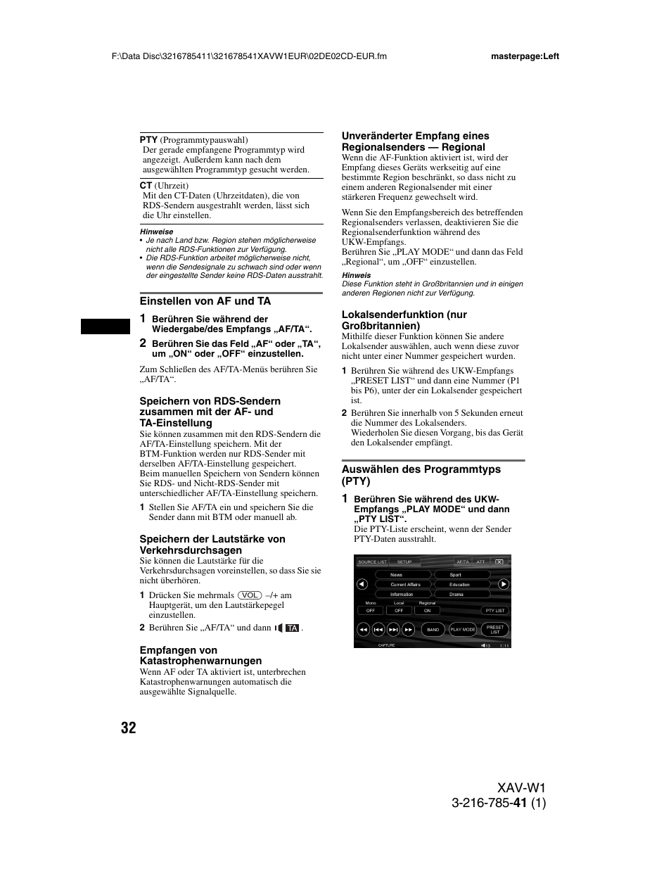 Einstellen von af und ta, Auswählen des programmtyps (pty), Seite 32) | Sony XAV-W1 User Manual | Page 96 / 344