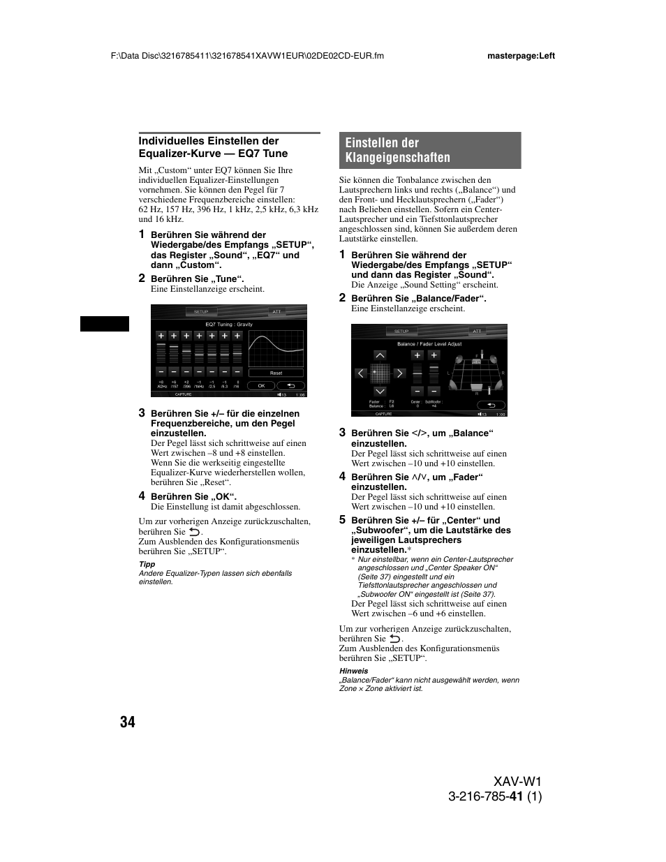 Einstellen der klangeigenschaften, Seite 34, R (seite 34) | Sony XAV-W1 User Manual | Page 98 / 344
