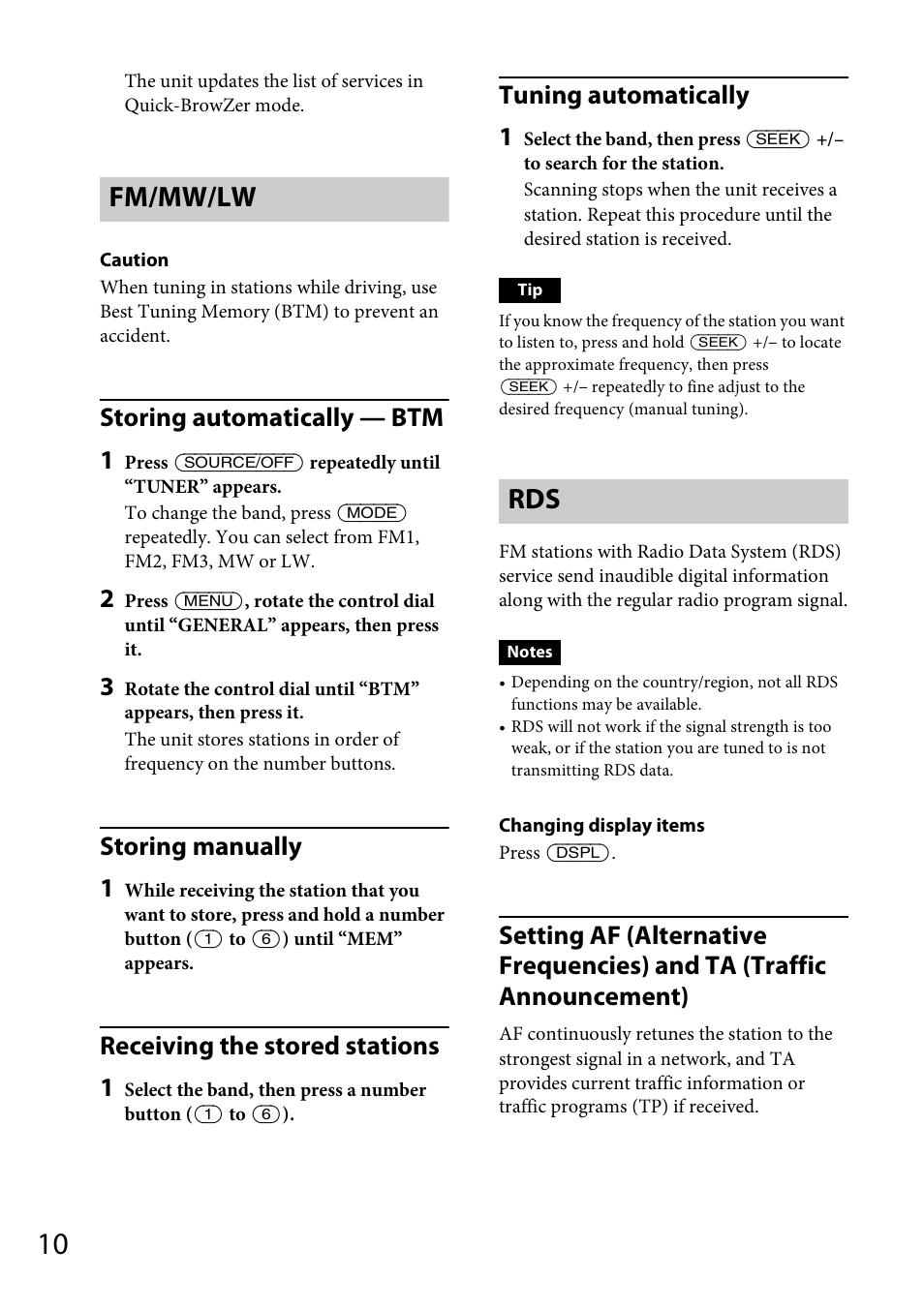 Fm/mw/lw, Fm/mw/lw rds, Storing automatically — btm 1 | Storing manually 1, Receiving the stored stations 1, Tuning automatically 1 | Sony CDX-DAB500U User Manual | Page 10 / 168
