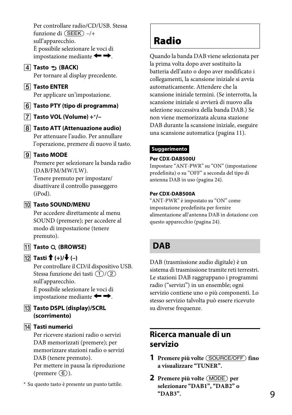 Radio, Ricerca manuale di un servizio 1 | Sony CDX-DAB500U User Manual | Page 107 / 168