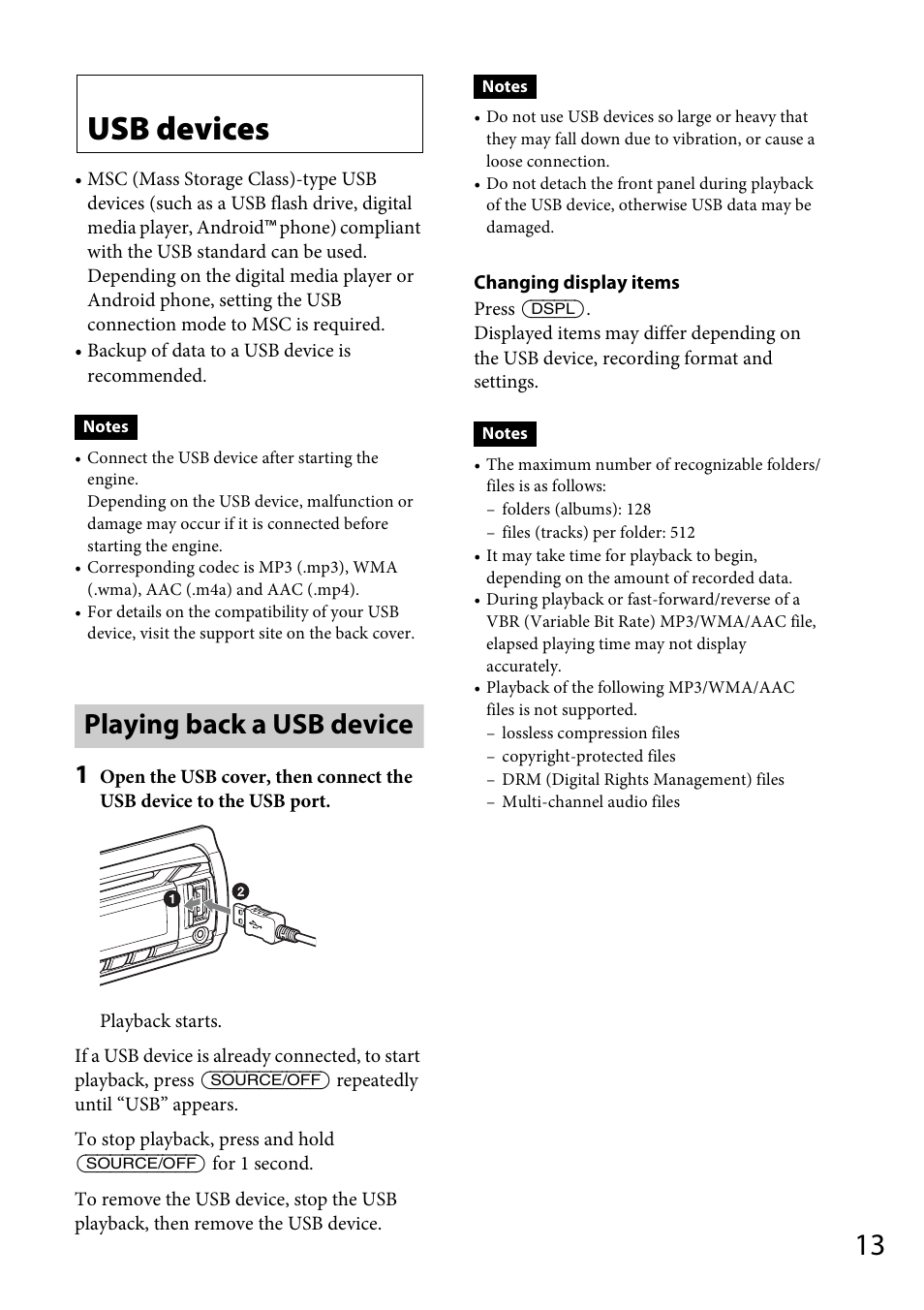 Usb devices, Playing back a usb device | Sony CDX-DAB500U User Manual | Page 13 / 168