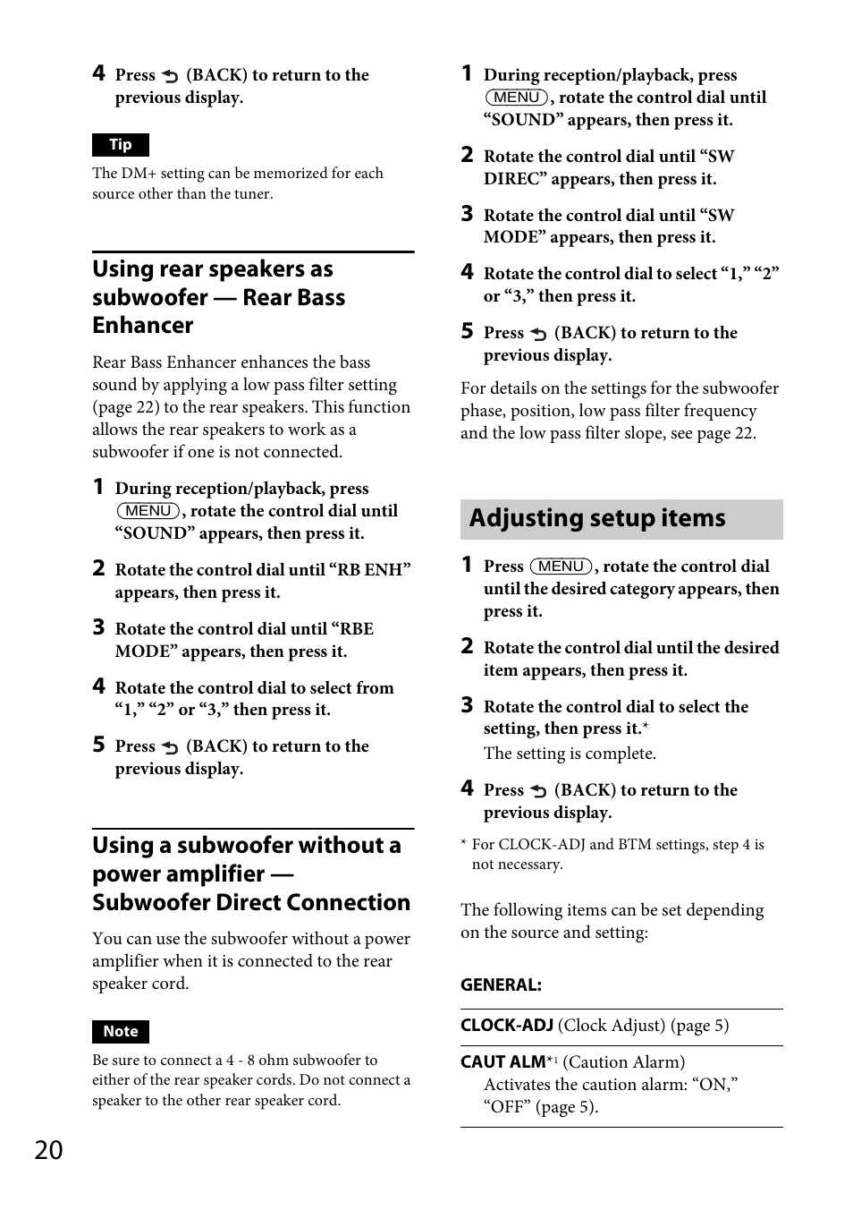 Adjusting setup items | Sony CDX-DAB500U User Manual | Page 20 / 168