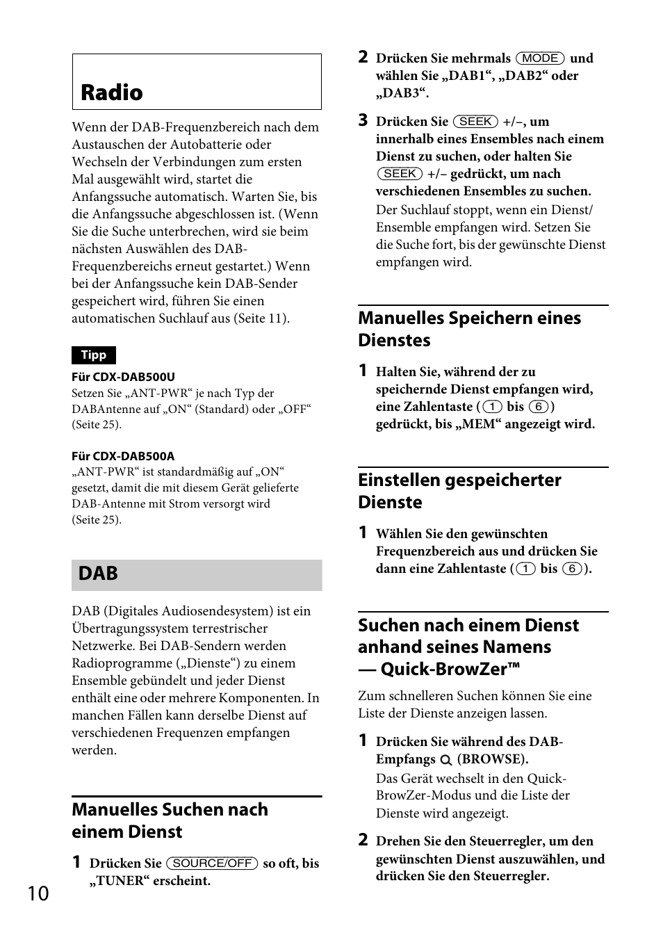 Radio, Seite 10, Manuelles suchen nach einem dienst 1 | Manuelles speichern eines dienstes 1, Einstellen gespeicherter dienste 1 | Sony CDX-DAB500U User Manual | Page 38 / 168