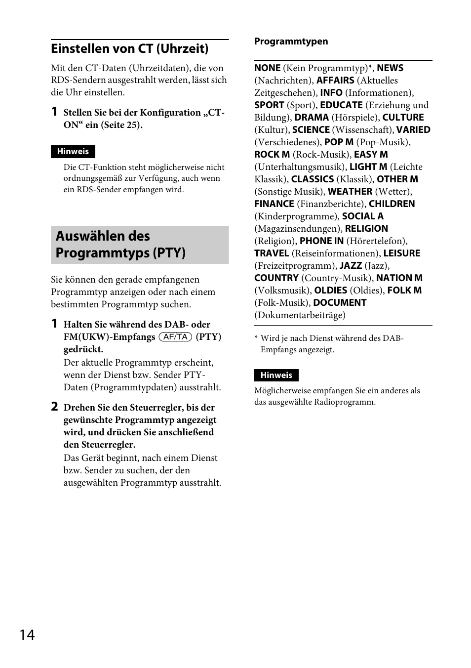Auswählen des programmtyps (pty), Einstellen von ct (uhrzeit) | Sony CDX-DAB500U User Manual | Page 42 / 168