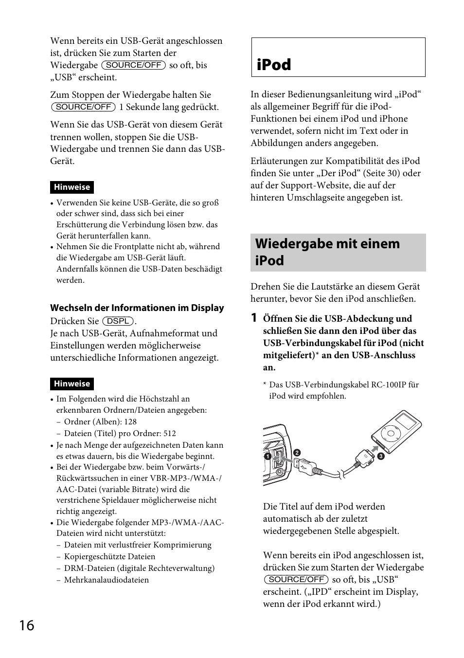 Ipod, Wiedergabe mit einem ipod | Sony CDX-DAB500U User Manual | Page 44 / 168