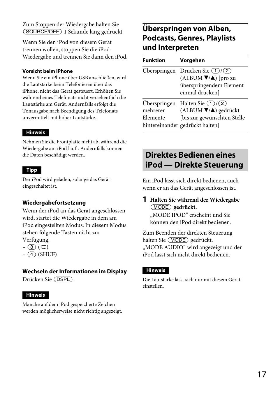 Direktes bedienen eines ipod — direkte steuerung | Sony CDX-DAB500U User Manual | Page 45 / 168