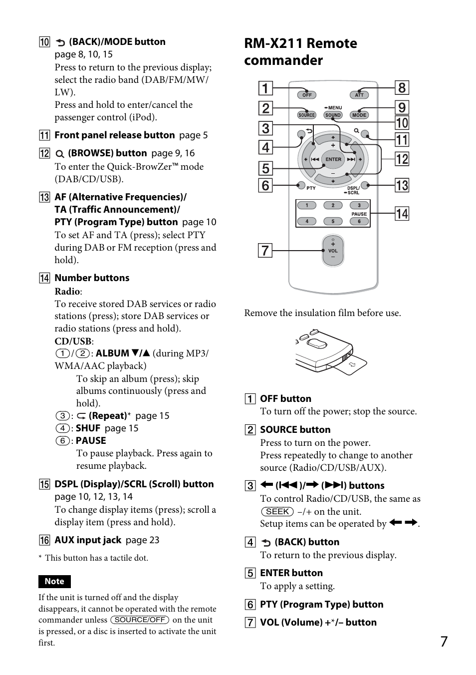 Rm-x211 remote commander | Sony CDX-DAB500U User Manual | Page 7 / 168