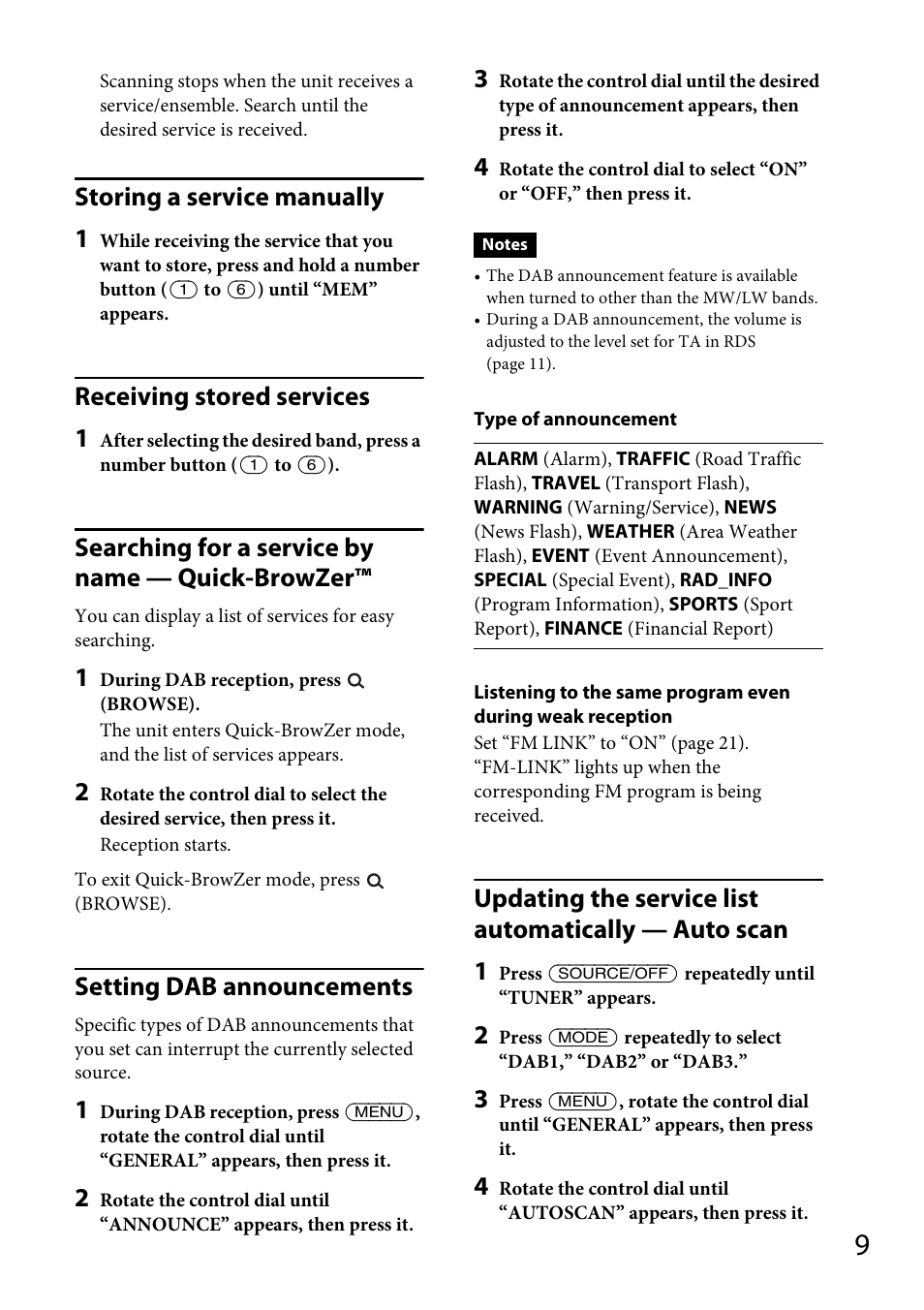 Storing a service manually 1, Receiving stored services 1, Searching for a service by name — quick-browzer | Setting dab announcements | Sony CDX-DAB500U User Manual | Page 9 / 168