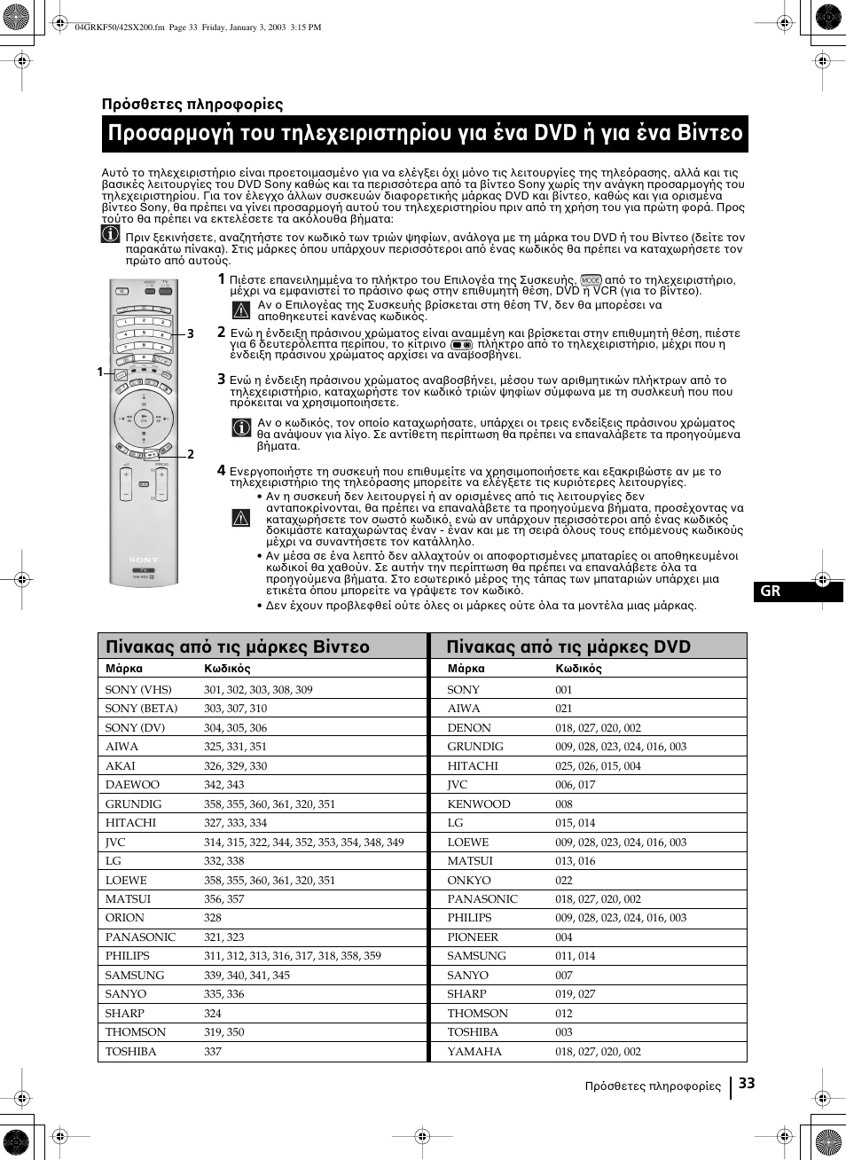 33 gr πρ σθετες πληροφορίες | Sony KF-42SX200 User Manual | Page 140 / 251
