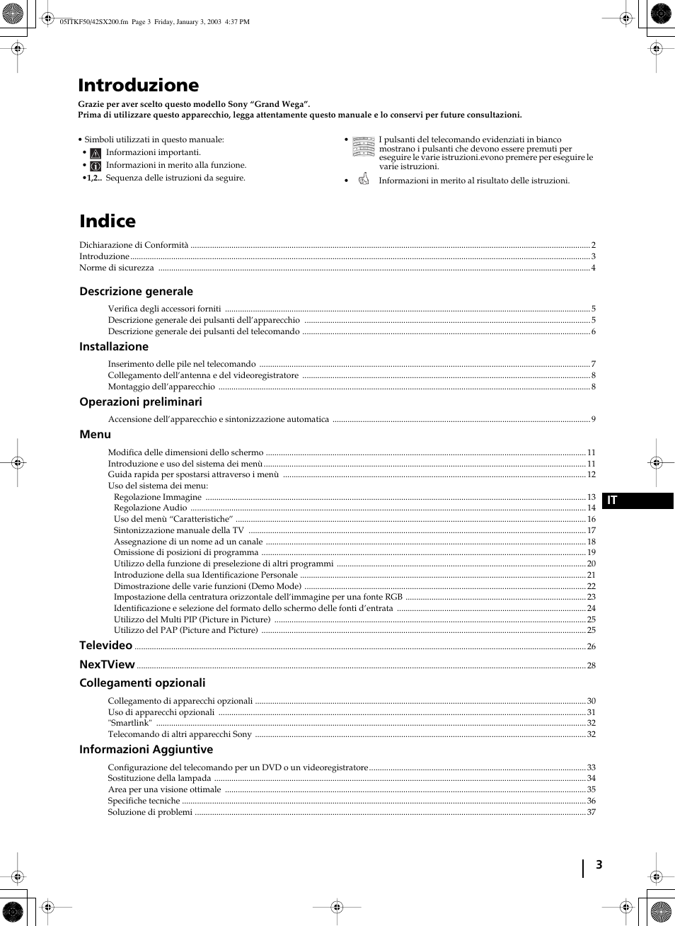 Introduzione, Indice | Sony KF-42SX200 User Manual | Page 146 / 251