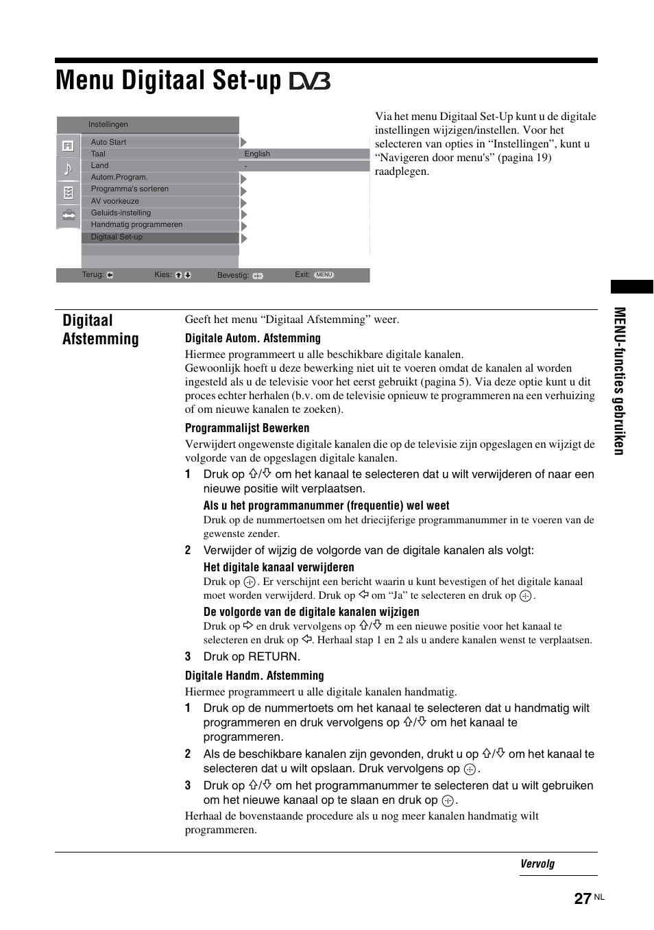 Menu digitaal set-up, Digitaal afstemming | Sony KDL-15G2000 User Manual | Page 129 / 140