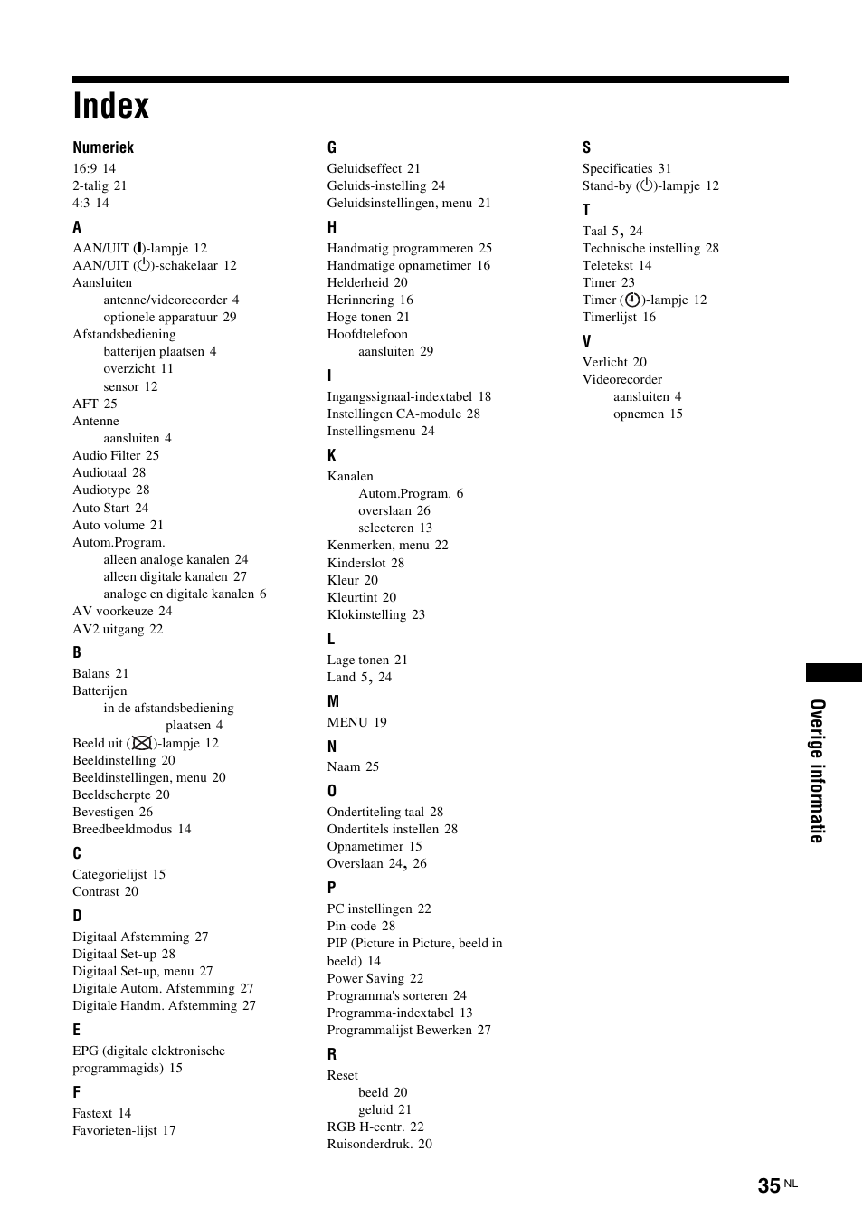 Index, Ove rig e in fo rm a tie | Sony KDL-15G2000 User Manual | Page 137 / 140