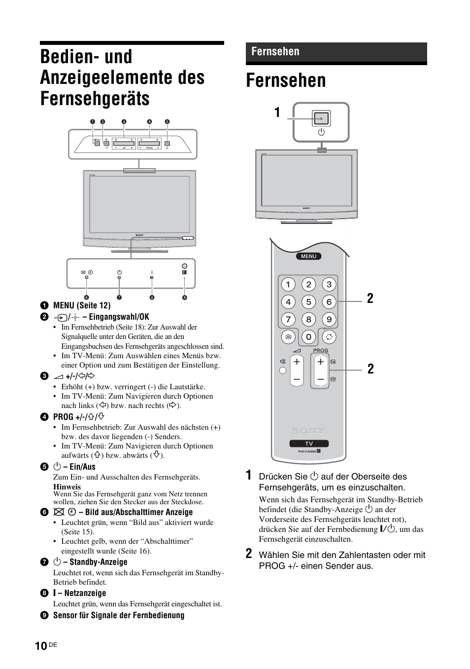 Bedien- und anzeigeelemente des fernsehgeräts, Fernsehen | Sony KLV-26U2520 User Manual | Page 10 / 89