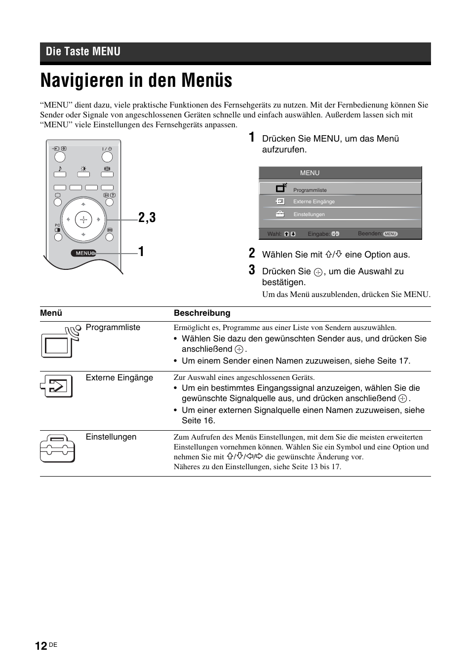 Navigieren in den menüs, Die taste menu | Sony KLV-26U2520 User Manual | Page 12 / 89