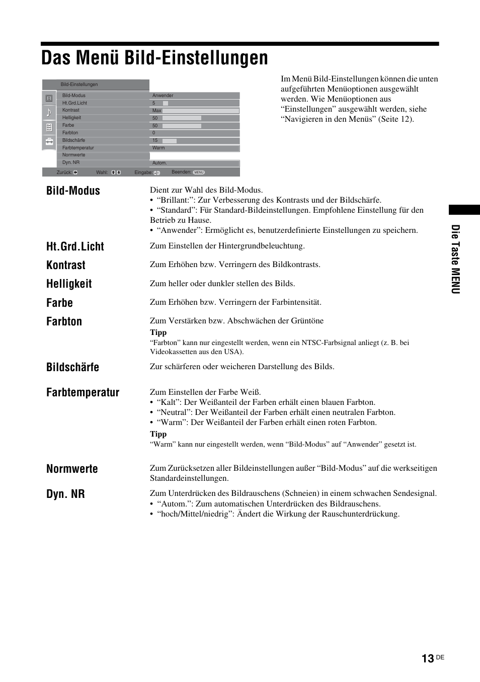 Das menü bild-einstellungen, Bild-modus, Ht.grd.licht | Kontrast, Helligkeit, Farbe, Farbton, Bildschärfe, Farbtemperatur, Normwerte | Sony KLV-26U2520 User Manual | Page 13 / 89