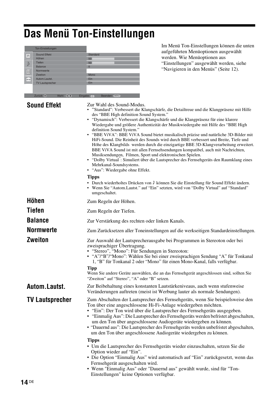 Das menü ton-einstellungen, Sound effekt, Höhen | Tiefen, Balance, Normwerte, Zweiton, Autom.lautst, Tv lautsprecher | Sony KLV-26U2520 User Manual | Page 14 / 89