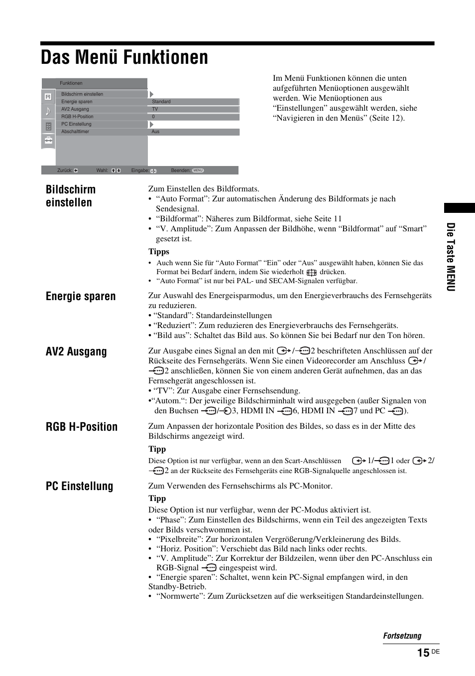 Das menü funktionen, Bildschirm einstellen, Energie sparen | Av2 ausgang, Rgb h-position, Pc einstellung, Die taste menu | Sony KLV-26U2520 User Manual | Page 15 / 89