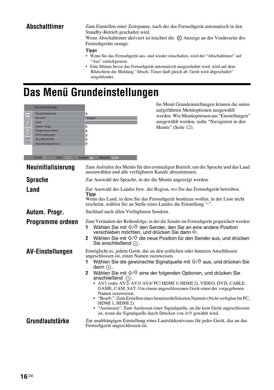 Das menü grundeinstellungen, Abschalttimer, Neuinitialisierung | Sprache, Land, Autom. progr, Programme ordnen, Av-einstellungen, Grundlautstärke | Sony KLV-26U2520 User Manual | Page 16 / 89