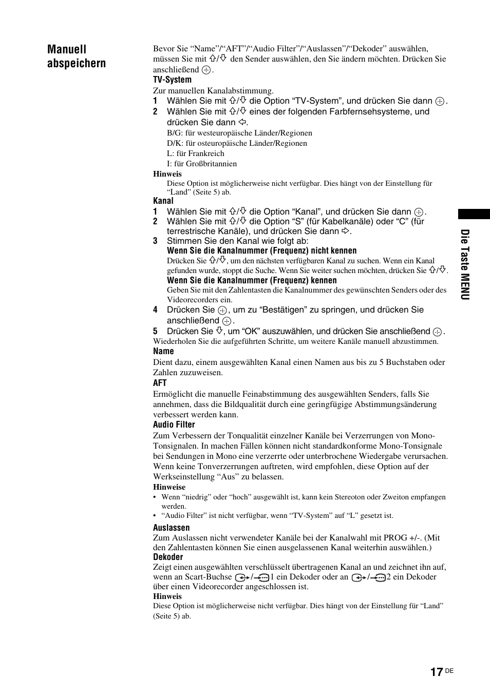 Manuell abspeichern | Sony KLV-26U2520 User Manual | Page 17 / 89