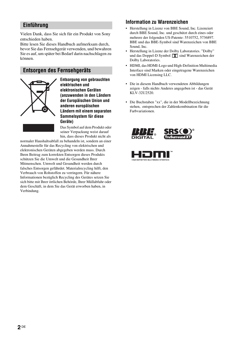 Einführung entsorgen des fernsehgeräts, Information zu warenzeichen | Sony KLV-26U2520 User Manual | Page 2 / 89