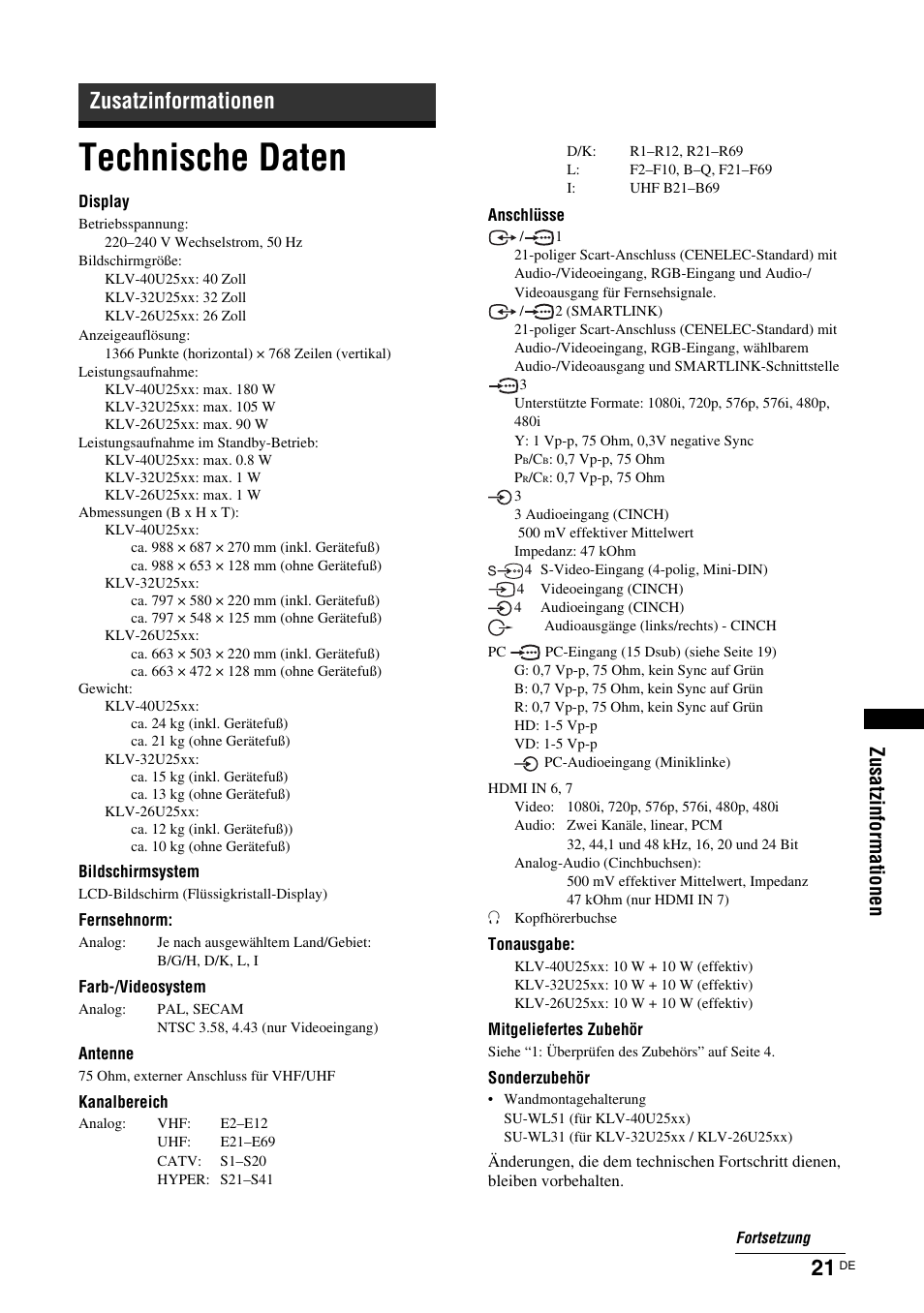 Technische daten, Zusatzinformationen | Sony KLV-26U2520 User Manual | Page 21 / 89