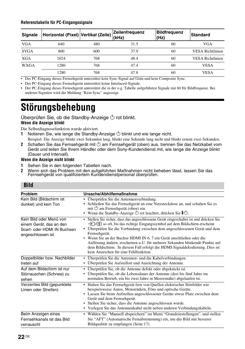 Störungsbehebung, Bild | Sony KLV-26U2520 User Manual | Page 22 / 89