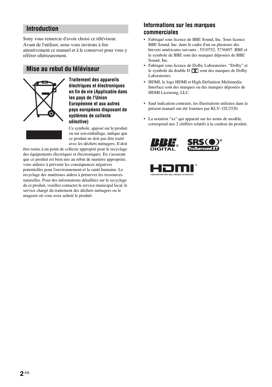 Introduction mise au rebut du téléviseur, Informations sur les marques commerciales | Sony KLV-26U2520 User Manual | Page 24 / 89