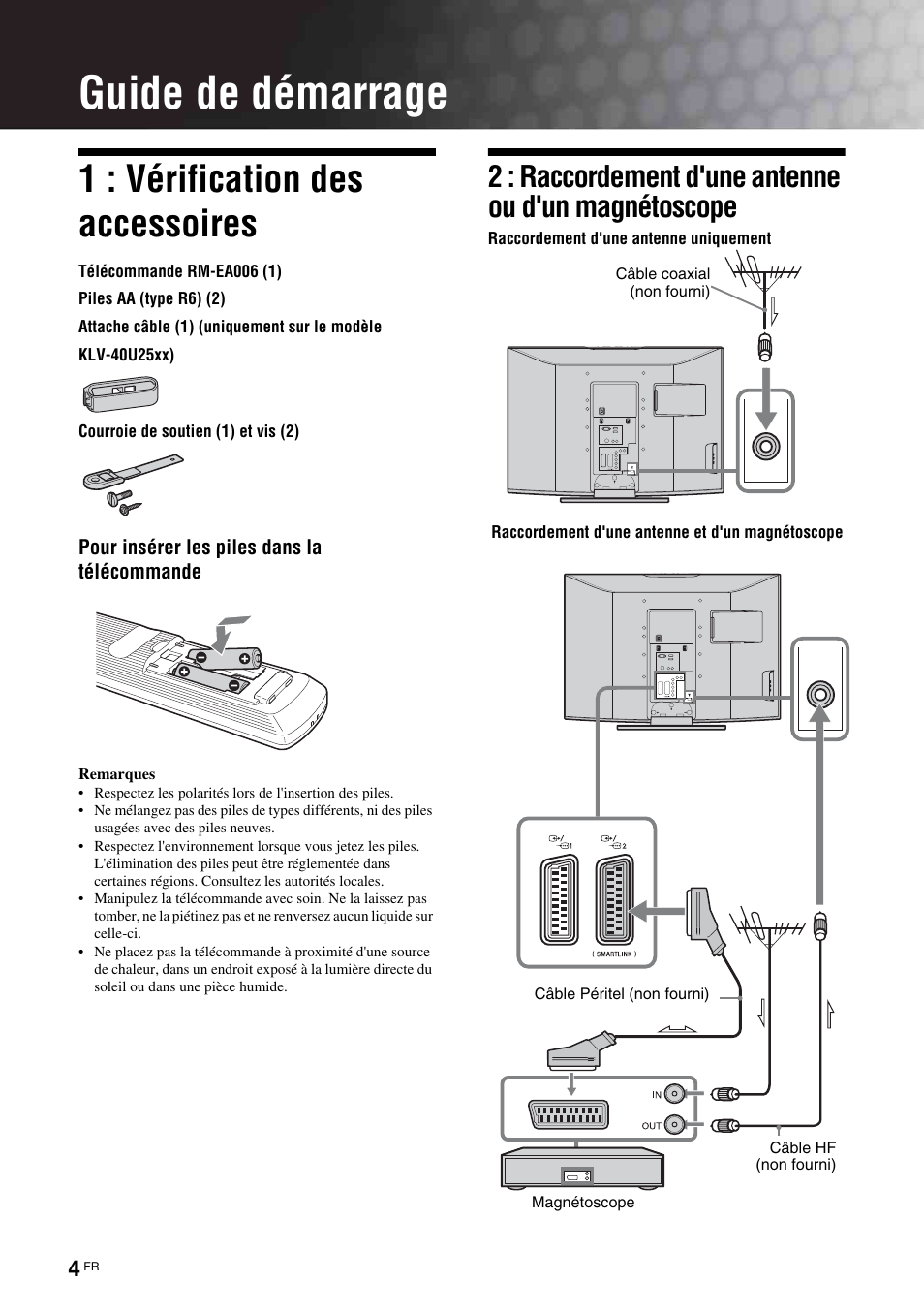 Guide de démarrage, 1 : vérification des accessoires | Sony KLV-26U2520 User Manual | Page 26 / 89