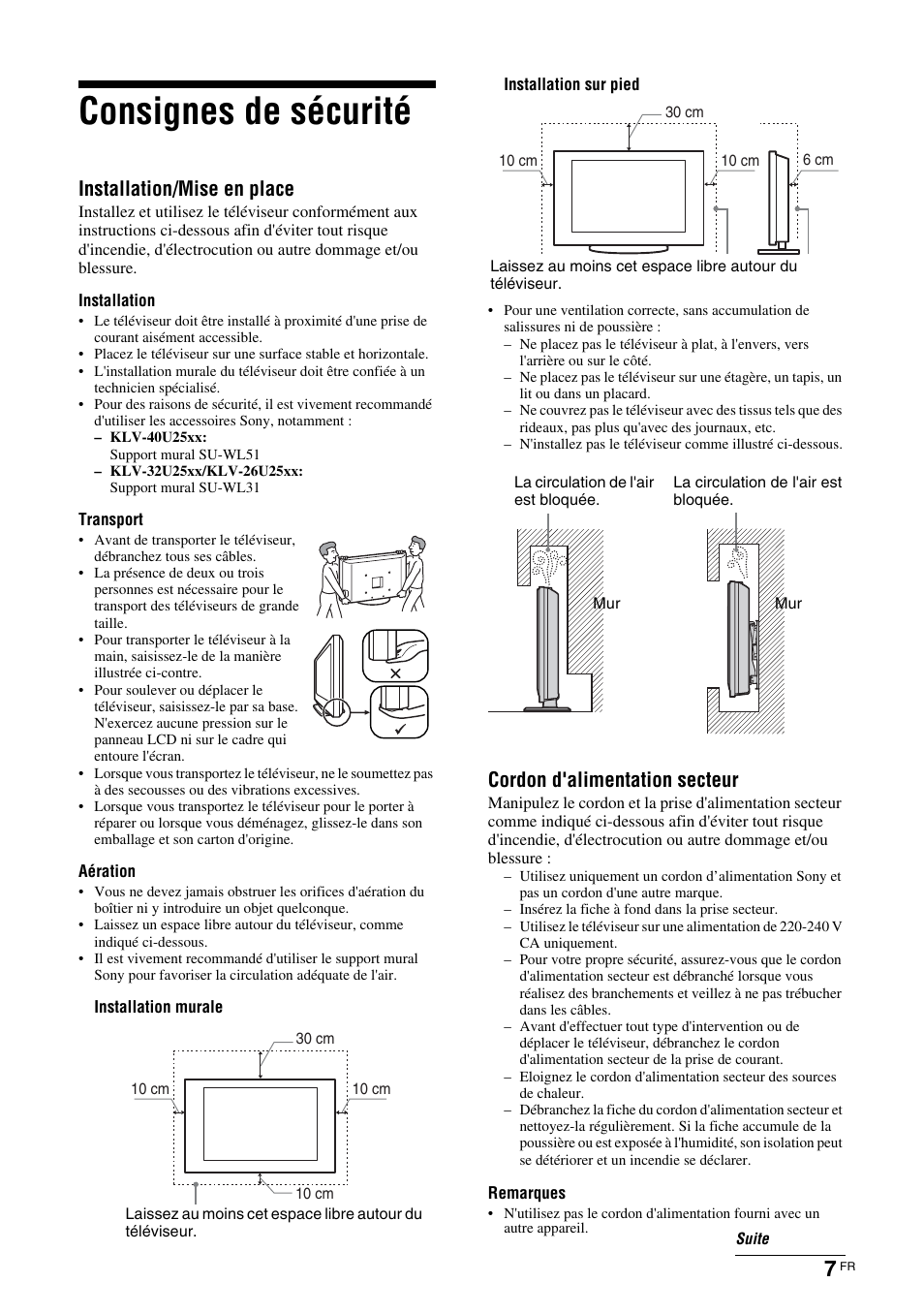 Consignes de sécurité, Installation/mise en place, Cordon d'alimentation secteur | Sony KLV-26U2520 User Manual | Page 29 / 89