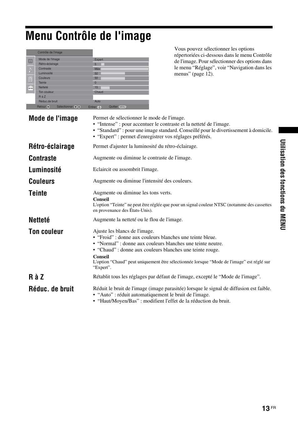 Menu contrôle de l'image, Mode de l'image, Rétro-éclairage | Contraste, Luminosité, Couleurs, Teinte, Netteté, Ton couleur, R à z | Sony KLV-26U2520 User Manual | Page 35 / 89