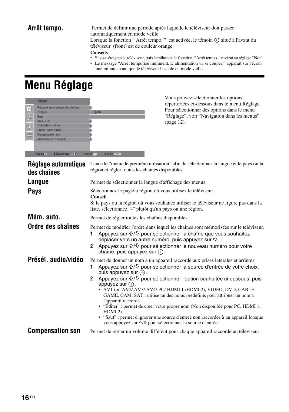 Menu réglage, Arrêt tempo, Réglage automatique des chaînes | Langue, Pays, Mém. auto, Ordre des chaînes, Présél. audio/vidéo, Compensation son | Sony KLV-26U2520 User Manual | Page 38 / 89