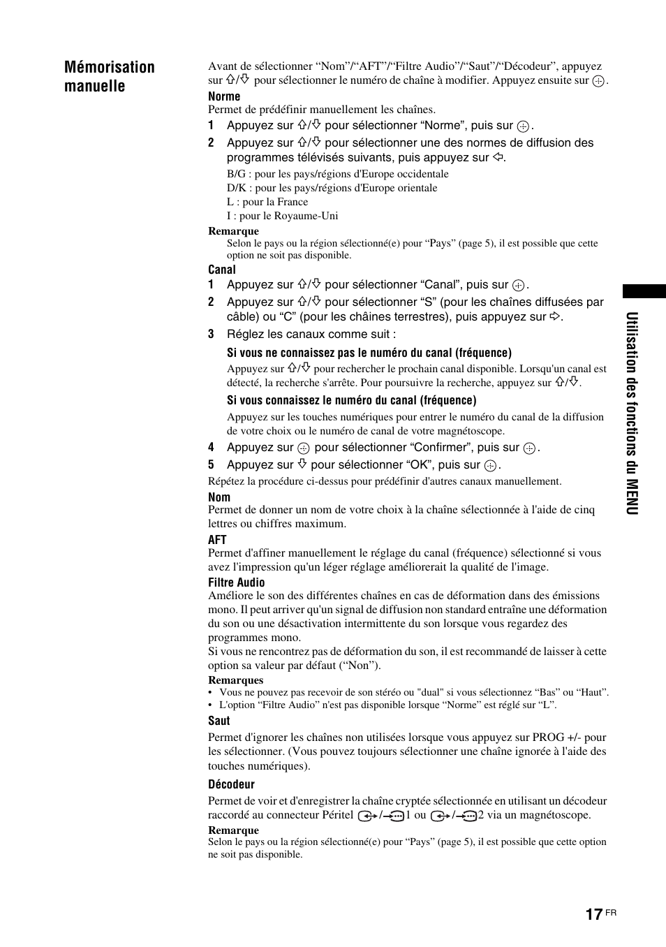 Mémorisation manuelle | Sony KLV-26U2520 User Manual | Page 39 / 89